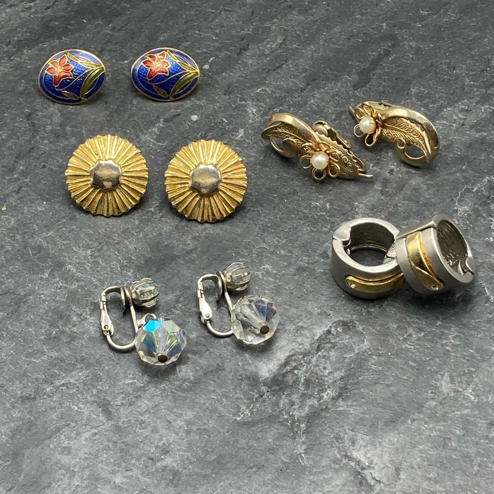 CLIP-ON Women’s Vintage Bundle 5x pairs earrings silver gold cloisonné